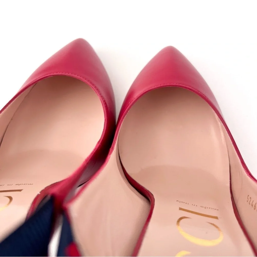 New‎ GUCCI | Sylvie Web Stripe Slingback Red Leather Pointed Pumps EU 39 US 9